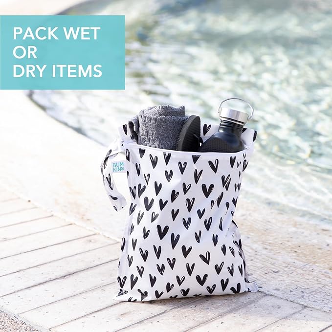 Bumkins - Waterproof Wet and Wetdry Bags - For Beach, Baby, Travel, Swim Suit, Cloth Diapers, Pump Parts, Pool, Gym, Toiletries - Reusable & Easy to Clean - Black Hearts - 2 Pack