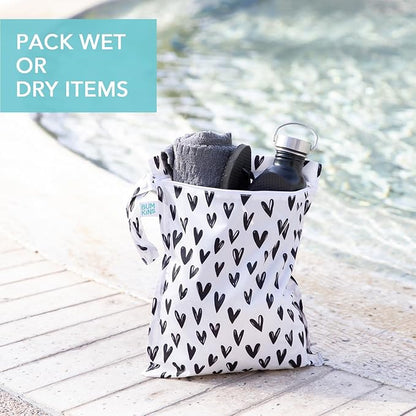 Bumkins - Waterproof Wet and Wetdry Bags - For Beach, Baby, Travel, Swim Suit, Cloth Diapers, Pump Parts, Pool, Gym, Toiletries - Reusable & Easy to Clean - Black Hearts - 2 Pack