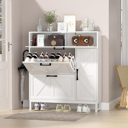 Betterhood Shoe Cabinet for Entryway with 2 Flip Drawers, Slim Freestanding Shoe Rack Organizer, Entryway Shoe Cabinet with Open Storage for Foyer and Hallway, White