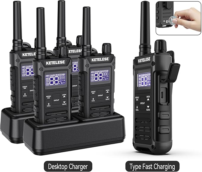 KETELESE T3G IP67 Waterproof Walkie Talkies Rechargeable, Heavy Duty 2 Way Radios with Earpiece and Mic, Dock, USB, NOAA Weather Alert, Group PTT (4 Pack), Black/Grey