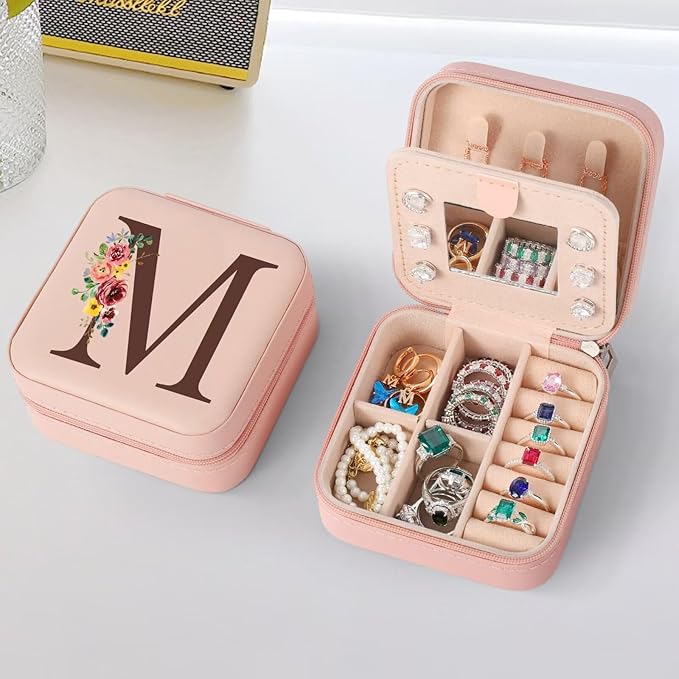 Parima Gifts for Mom - Mothers Day Gifts for Wife, Personalized Birthday Gifts, Mom Gifts From Daughter, Mother In Law Gifts, Mama Gift Idea, Travel Jewelry Case for Women - Letter M, Pink