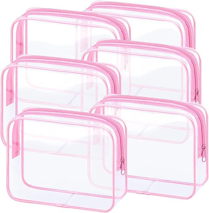 6 Pieces Clear Makeup Bags Bulk TSA Approved Toiletry Bag for Travel PVC Waterproof Clear Cosmetic Pouch with Zipper for Men and Women Carry-on Travel Essentials (Pink)