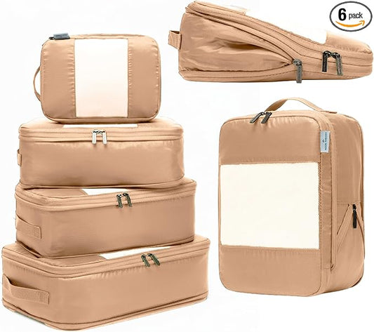 6-Pack Large Compression Packing Cubes for Travel - Lightweight Compression Packing Cube Set, Water-Resistant Luggage Organizer Bags & Suitcase Organizers, Travel Cubes for Carry-On, Checked Luggage