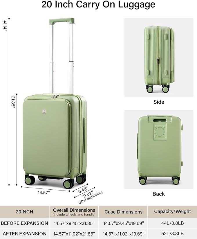 Hanke 20 Inch Expandable Carry On Luggage Airline Approved Top Opening Travel Luggage Rolling Suitcase with Cup Holder Hard Shell Suitcases with Wheels (Bamboo Green)