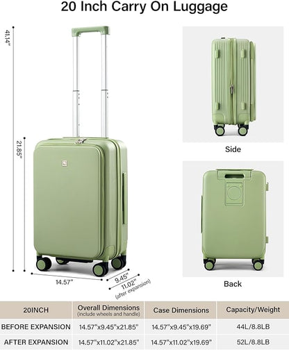Hanke 20 Inch Expandable Carry On Luggage Airline Approved Top Opening Travel Luggage Rolling Suitcase with Cup Holder Hard Shell Suitcases with Wheels (Bamboo Green)