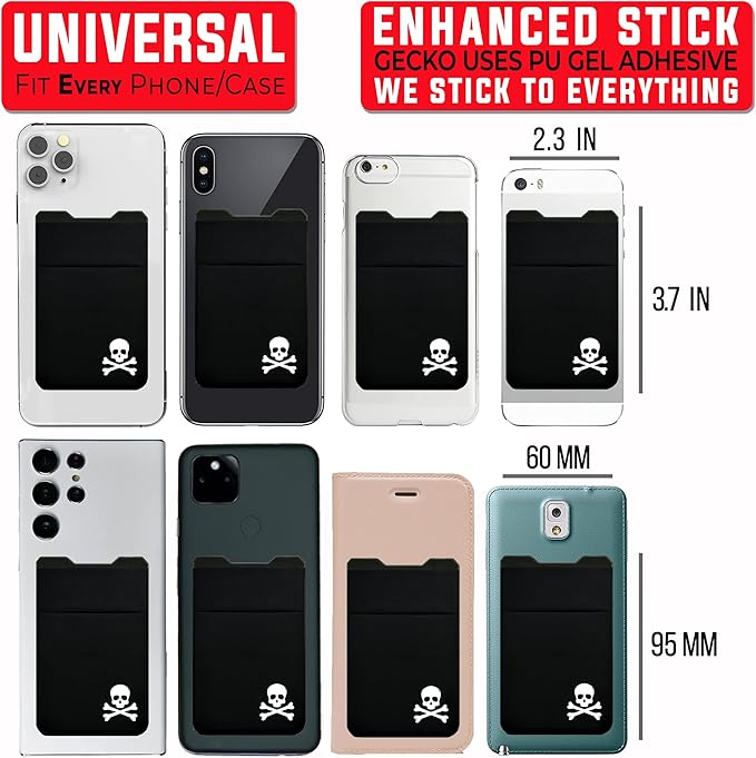 Gecko Travel Tech Double Pocket - Adhesive Card Holder - Cell Phone Pouch - Stick on Spandex Pocket - Carry Credit Cards and Cash - Skull
