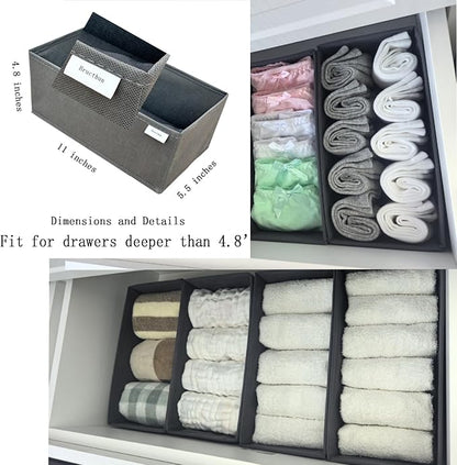 Drawer Organizer Set 4 Pack Gray, Fabric Dresser Organizer 11"x5.5"x4.8" & 11"x11"x4.8", Foldable Storage Drawers for Clothes Underwear Socks Bra Baby Dresser Closet