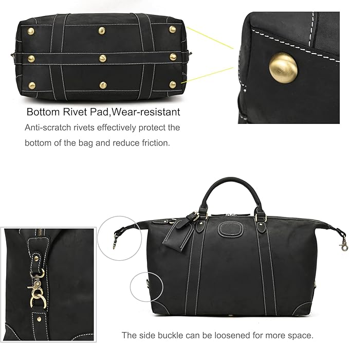 Full-grain Genuine Leather Travel Bag Large Capacity Luggage Duffel Bag for Men Shoulder Handbag Holiday Business Trip Bag, Black