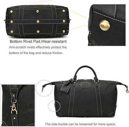 Full-grain Genuine Leather Travel Bag Large Capacity Luggage Duffel Bag for Men Shoulder Handbag Holiday Business Trip Bag, Black
