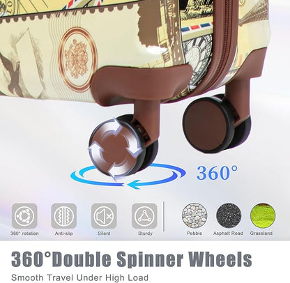 Campfun Luggage Sets 3 Piece, Hardside PC Suitcase Sets with Double Spinner Wheels, Durable Printed Pattern Carry On Luggage with TSA Lock, 20/24/28 inch(City Stamps)