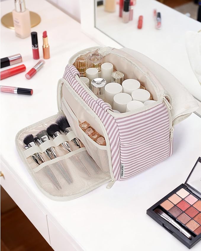 Narwey Large Travel Toiletry Bag, Wide-open Travel Bag for Toiletries, Toiletry Bags for Traveling Women, Cosmetic Make Up Makeup Bag Organizer with Wet Pocket, Shower Skincare Bag (Dusty Pink Stripe)