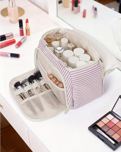 Narwey Large Travel Toiletry Bag, Wide-open Travel Bag for Toiletries, Toiletry Bags for Traveling Women, Cosmetic Make Up Makeup Bag Organizer with Wet Pocket, Shower Skincare Bag (Dusty Pink Stripe)