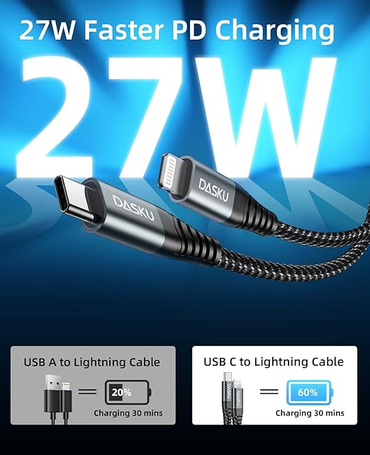 Dasku iPhone Cable Fast Charging 6FT USB C Lightning Cable 3 Pack 6 Foot Nylon Braided Type C Lightning Cord Compatible with iPhone 14 13 12 11 Pro Max Mini 8 Plus SE iPad and More