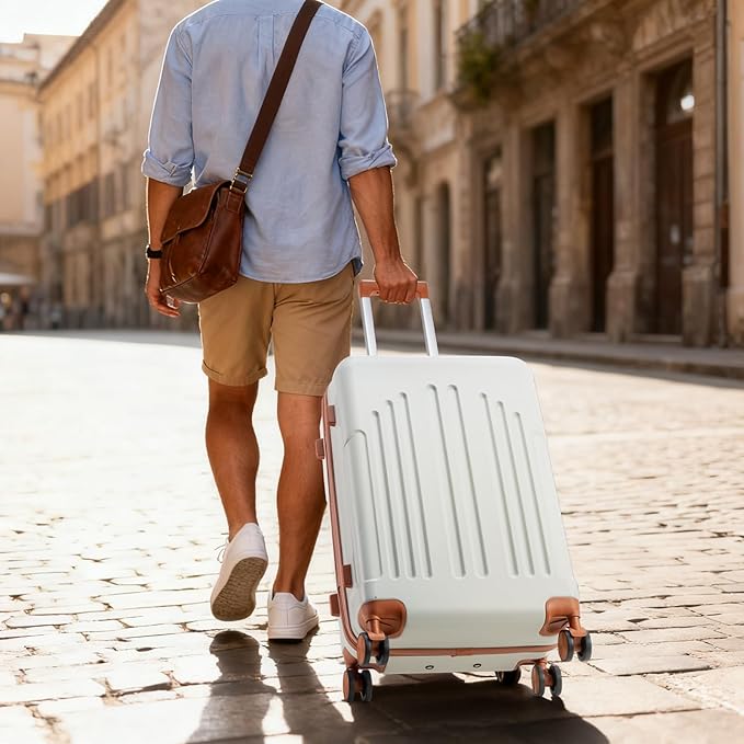 Karl home 28 Inch Check-in Luggage with Spinner Wheels, ABS Hardshell Checked Suitcase with TSA Lock, Durable Large Suitcase Rolling Luggage for Men Women, White & Brown