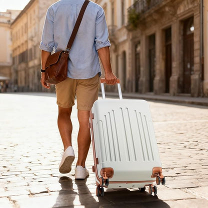 Karl home 28 Inch Check-in Luggage with Spinner Wheels, ABS Hardshell Checked Suitcase with TSA Lock, Durable Large Suitcase Rolling Luggage for Men Women, White & Brown