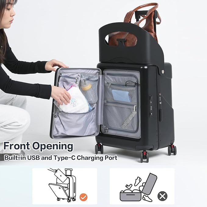 smilesun 20" Carry On Luggage with Seat For Kids & Adults，Hardside Ride On Suitcase Front Opening with 360°Spinner and TSA Lock For Travel (Black with Front Open, 20")
