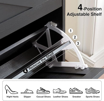 Shoe Storage Cabinet,Farmhouse Shoe Organizer with 4 Flip Drawers & Barn Door Design,Freestanding Hidden Slim Narrow Shoe Rack Cabinet for Entryway,Foyer,Hallway,Black