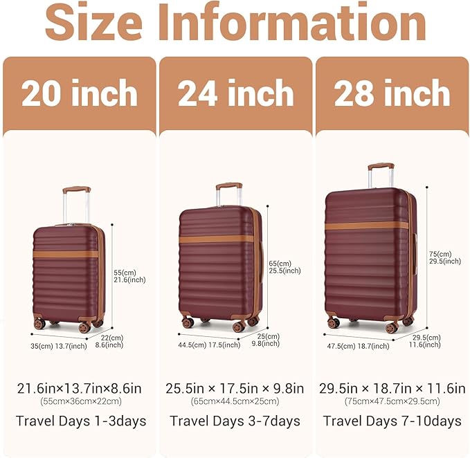 Kono Luggage Set 3 Pieces Expandable PC ABS Durable Suitcase Hardside with Double Spinner Wheels Tsa Lock Burgundy(20in/24in/28in)