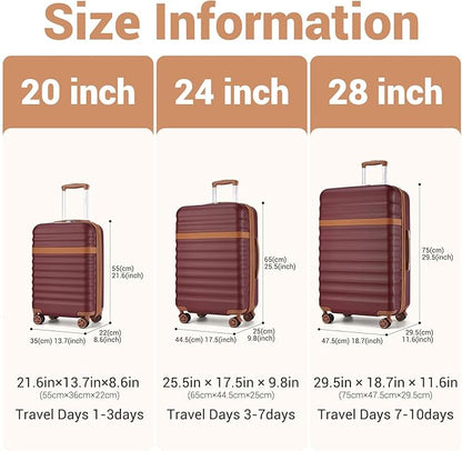 Kono Luggage Set 3 Pieces Expandable PC ABS Durable Suitcase Hardside with Double Spinner Wheels Tsa Lock Burgundy(20in/24in/28in)