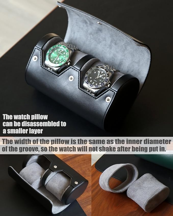 Watch Roll Travel Case for Men and Women with Suede Lining Portable 2 Slot Watch Display Storage and Organizer to Holder Large Watch(2 slot black)