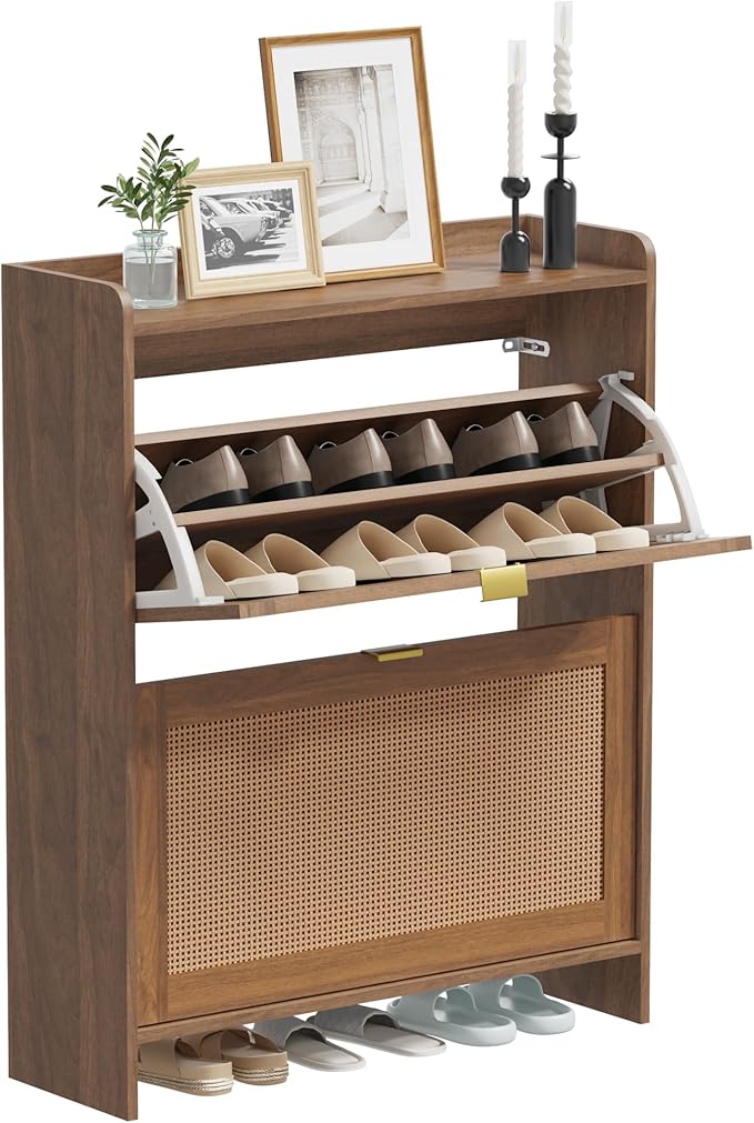 EROMMY Shoe Storage Cabinet, Farmhouse Ratten Shoe Cabinet, Modern Freestanding Organizer with 2 Flip Drawers, Hallway, Narrow Shoe Rack Cabinet for Entryway, Slim Shoe Cabinet, Walnut