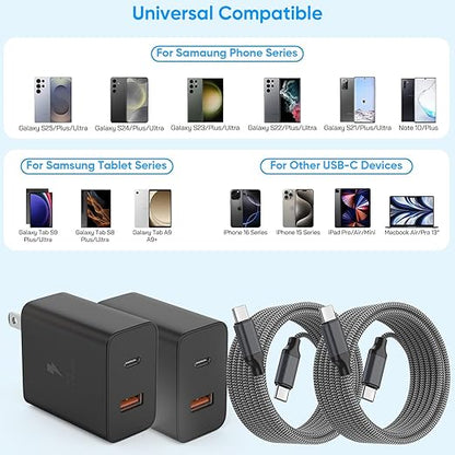 Extra Long 10Foot 45W Samsung USB C Fast Charger Block Dual Port PD Power Adapter Fast Charging Block,2Pack 10FT Type C Super Quick Charging Cord for Samsung Galaxy S25 Ultra/S25/S24/S23/S22 and More