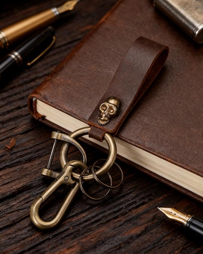 Teskyer Genuine Leather Keychain with Carabiner Clip and Key Ring, Vintage Key Chain Holder for Home/Car Keys