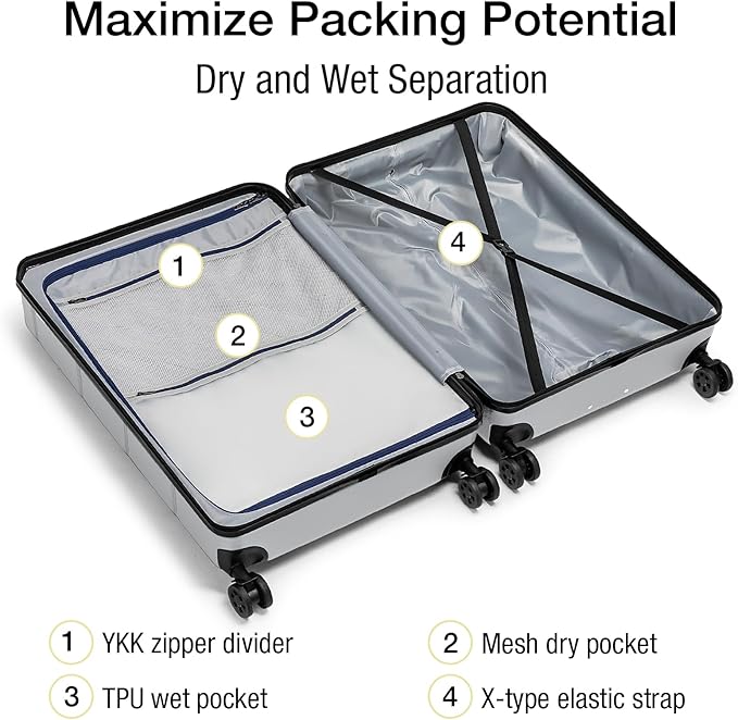 KYME Large Suitcases with Wheels Hardshell 28 Inch Luggage TSA Approved Big Checked Luggage Durable Travel Rolling Suitcase Women Men Silver Grey