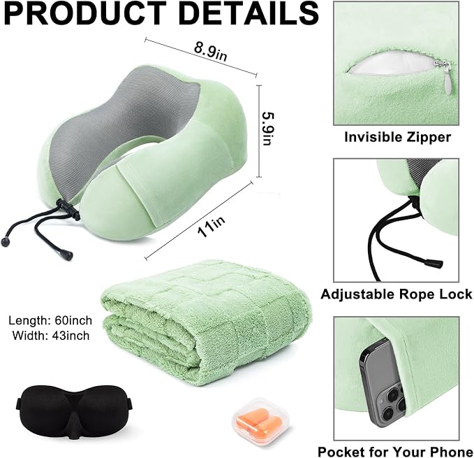 Travel Pillow and Blanket Set Neck Pillows Soft Blankets with Sleep Mask Travel Essentials for Airplane Car Memory Foam Sage Green