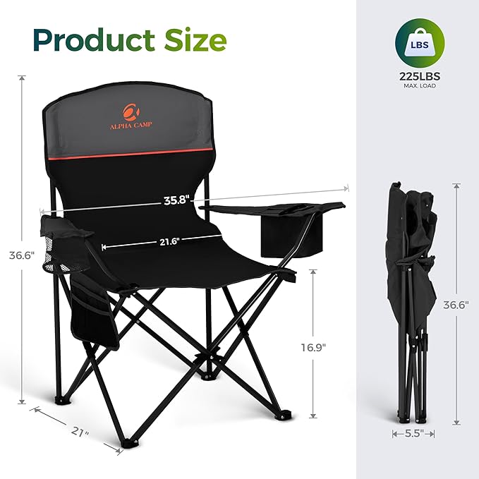 ALPHA CAMP Folding Camping Chairs for Adults Lawn Chairs Outdoor Chairs Support 225 LBS Portable Camp Chairs with Cup Holders Cooler Pouch for Outdoor, 2 Pack