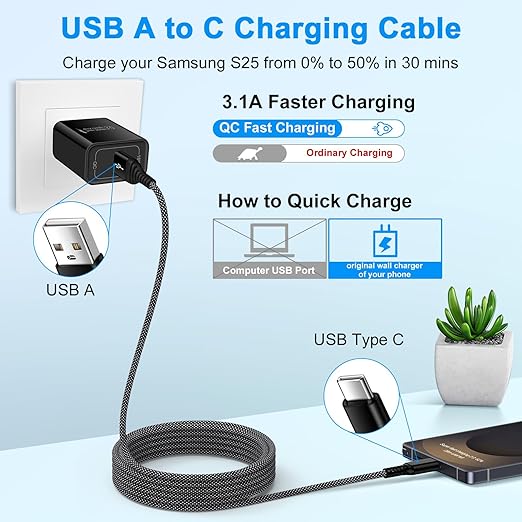 for Samsung Phone Charger Cable Fast Charge 10FT for Samsung Galaxy A17 A16 Z Fold 7 Z Flip 7 FE A36 5G A56 A26 S25 Ultra, 3.1A Long USB to USB C Cable Type C Charging Cord Android Charger Power Cord