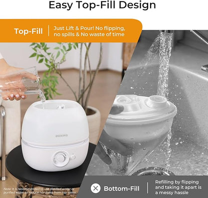 BOXING 3L Top Fill Humidifiers for Bedroom Baby, 20dB Quiet Air Humidifier for Large Room & Indoor Plants with Optional Night Light, Cool Mist Diffuser for Home, Essential Oil Tray, BPA-Free,White,30H