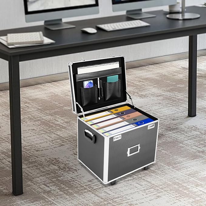 Locking File Storage Box Portable, Aluminum Alloy File Organizer Box Mobile Document Box with Wheels, Hand Pull Locking File Case File Cabinet for Home Office Hospitals Banks School (Black)