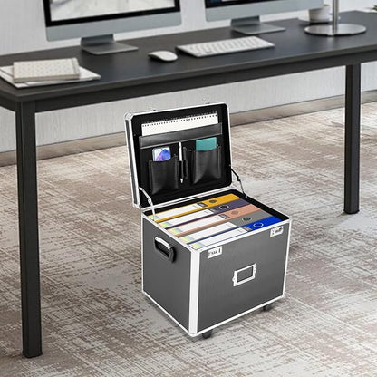 Locking File Storage Box Portable, Aluminum Alloy File Organizer Box Mobile Document Box with Wheels, Hand Pull Locking File Case File Cabinet for Home Office Hospitals Banks School (Black)