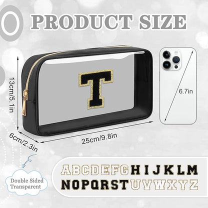 Small Clear Personalized Initial Makeup Bag, Preppy Nylon A-Z Chenille Letter Patch Makeup Organizer TSA Approved Travel Toiletry Bag,Waterproof Zip Beach Cosmetic Pouch Purse for Women(Black-Black T)