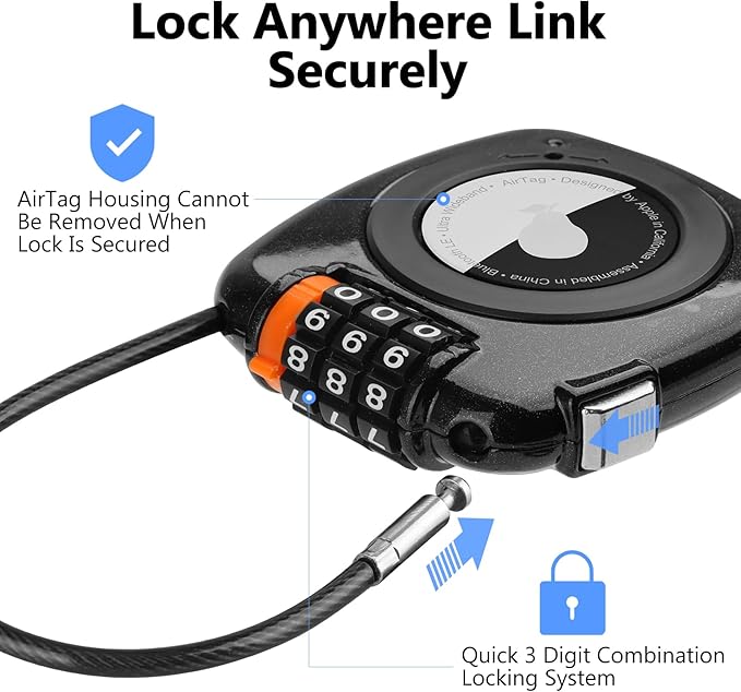 Compatible with Apple AirTag Secure Lock with Wire Cable, 3-Digit Combination Luggage Locks, Alloy Body Ultra Durable Anti-Lost Protective Case for Luggage, Suitcase (Black/Grey)