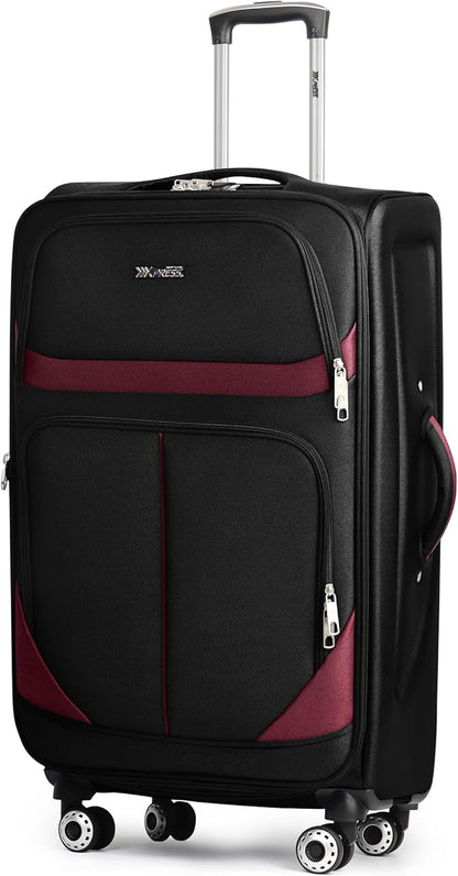 28" Large Softside Expandable 15% Checked Luggage with Double Spinner Wheels LOCK,Lightweight Travel Suitcase for Men/Women（Black-Burgund,28in）