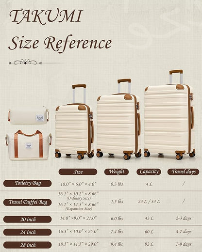 TAKUMI Luggage Sets 5 Piece Lightweight Carry On luggage with Duffel Bag ABS+PC Hardshell Suitcases with YKK zippers Double Spinner Wheels Travel Luggage with TSA Lock(WHITE BROWN, 5 PIECE SET)