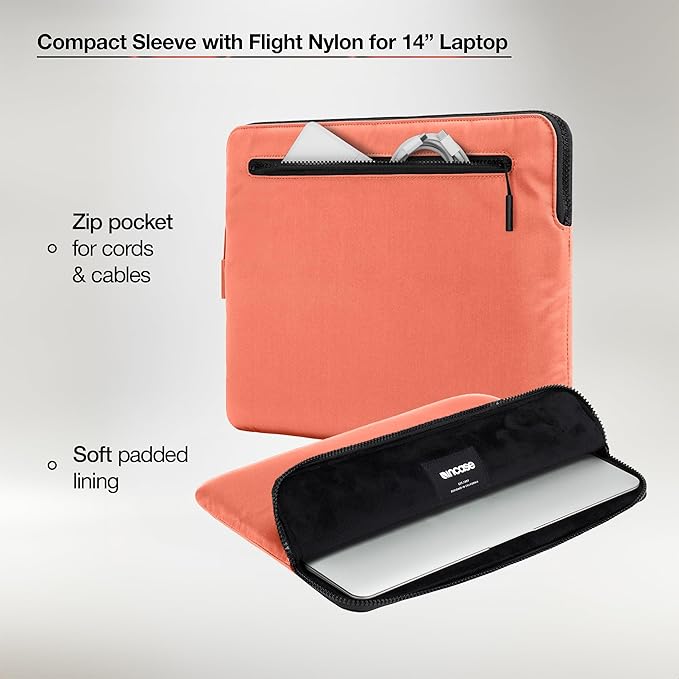 Incase Compact Laptop Sleeve with Flight Nylon MacBook/Laptop/iPad/Tablet Sleeve, and Cover, Lightweight, Weather Resistant, with Slip Pocket for Accessories (Misty Orange, 14-Inch)