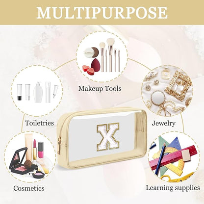 Small Clear Personalized Initial Makeup Bag, Preppy A-Z Chenille Letter Patch Cosmetic Bag, Cute Transparent Nylon Waterproof Zipper Beach Varsity Letter Pouch, Gift for Women Girls(Beige-White X)