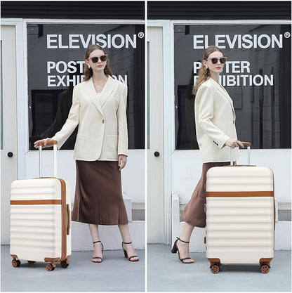 Kono Medium Sized Checked Luggage, 24 Inch Expandable with Spinner Wheels, TSA Lock, ABS + PC Lightweight Travel Suitcase with Larger Capacity and Lighter Weight, Cream Brown