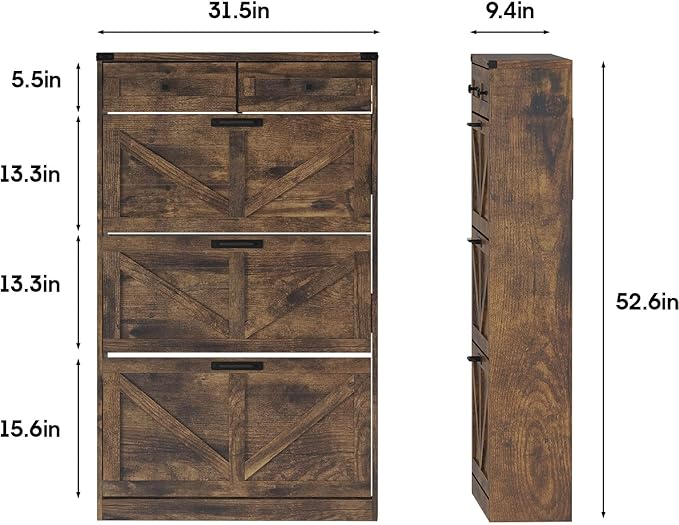 Shoe Cabinet with 3 Flip Drawers & 2 Drawers,Freestanding Shoe Storage Cabinet for Entryway,Farmhouse Narrow Slim Organizer Rack for Foyer,Hallway,Rustic Brown