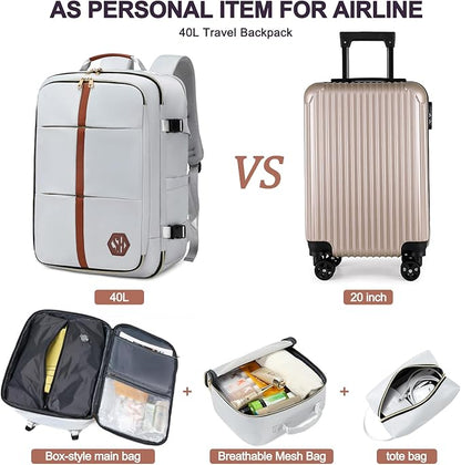 40L Travel Laptop Backpack for Women & Men, Airline Approved Carry On Luggage Overnight Bags, Waterproof Personal Item Bag, Weekender Essentials Backpacks Vacuum Backpack Gray White