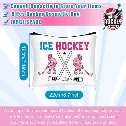 9 Pcs Christmas Hockey Gifts Inspirational Makeup Bag for Women Hockey Lovers Players Ice Gifts Bags Cosmetic Travel Pouch for Women Mom Athletics Birthday