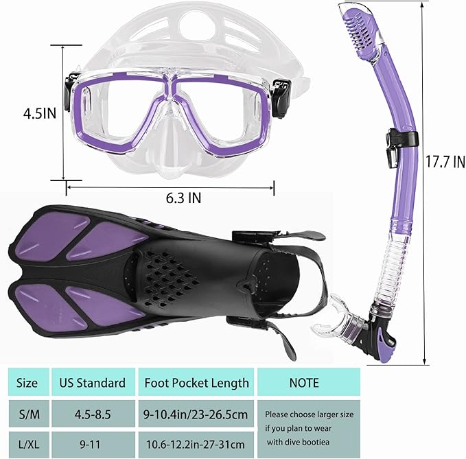 Snorkeling Gear for Adults with Fins Scuba Diving Gear Adult Professional Travel Snorkel Sets with Flippers,Anti-Fog Anti-Leak Diving Mask