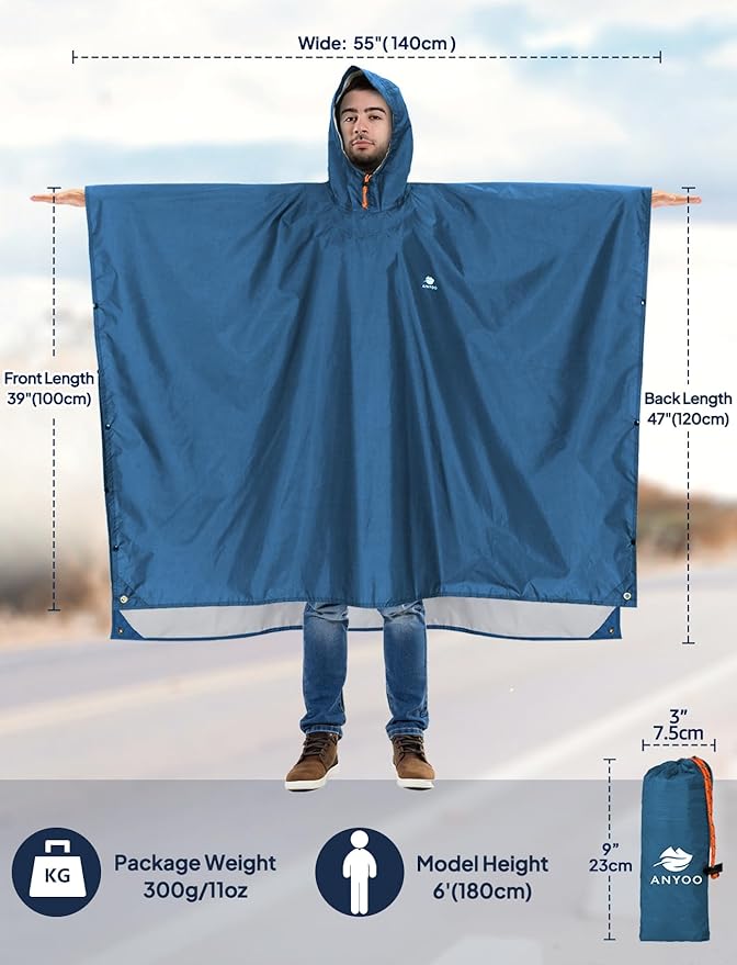 ANYOO Hooded Rain Poncho for Adults Waterproof Lightweight Rain Coat for Men Women Reusable Rain Jacket for Emergency Outdoor