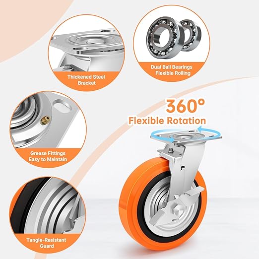 8 Inch Heavy Duty Casters - Industrial Casters with Upgraded Thickened Bracket Set of 4, Polyurethane Wheel Capacity up to 6000 lbs, Swivel Caster for Workbench, Platform Truck(4 Brake)