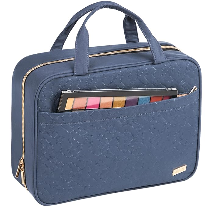 NISHEL Travel Toiletry Bag for women, Portable Hanging Organizer for Family-Sized Shampoo, Conditioner, Brushes Set, Makeup Accessories, Extra Large Size, Aegean-Blue