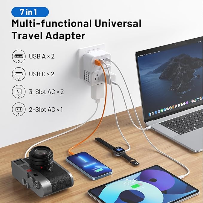 2000W Universal Travel Adapter, International Power Adapter with 3 AC Sockets, 2 USB-A & 2 USB-C (PD 20W) Ports, Worldwide Travel Essentials, European Travel Plug Adapter for UK/EU/AU