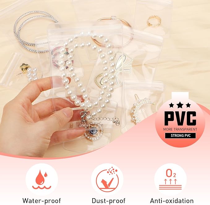 50 Zippered Plastic Jewelry Bags,Small(2.5"x3")and Large(3.5"x5"),Thicker PVC Anti-Tarnish Jewelry Bags Clear Plastic for Gold,Silver,Collectibles,Jewelry Packaging for Business,Travel,Organizing